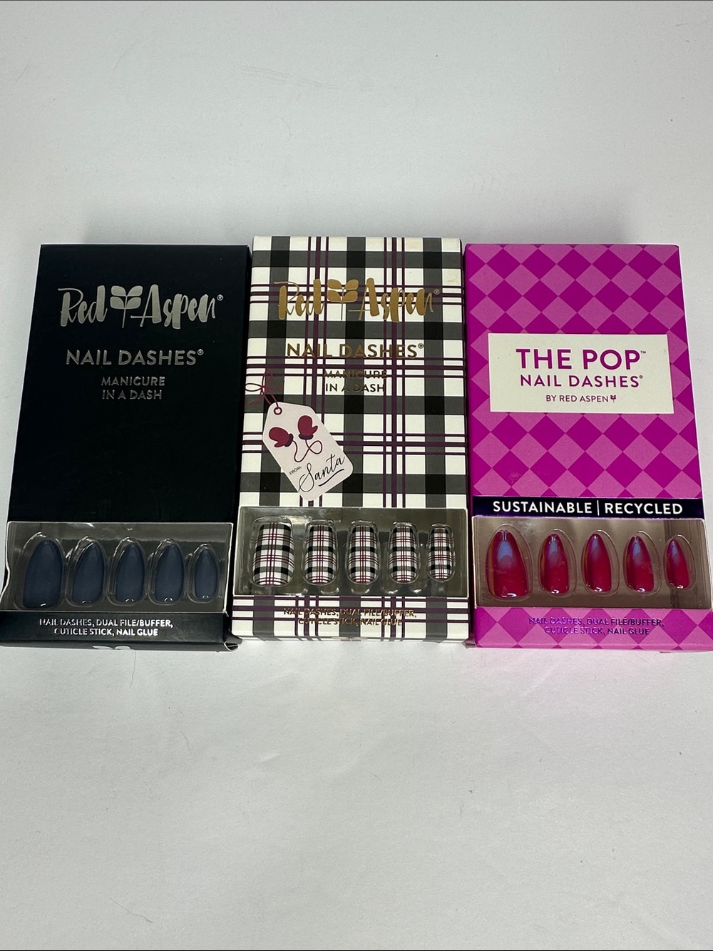 Red Aspen Nail Dashes Trio Pack — Navy, Plaid, and Fuchsia Press-On Nails